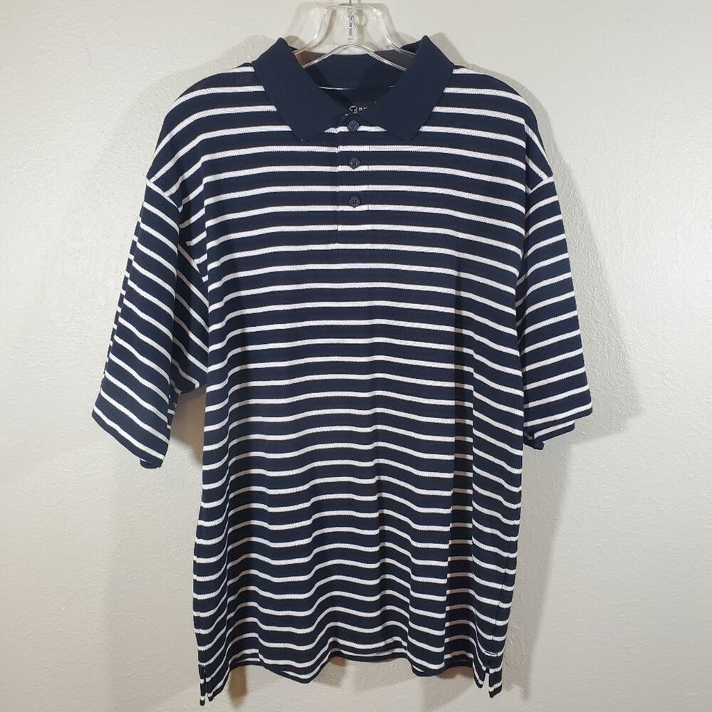 Top Flite Men's Striped Polo Shirt Size L Black White Pique Cotton Blend Preppy